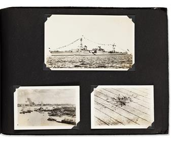 (WORLD WAR TWO.) Navy mans scrapbook showing the gruesome aftermath of the Pearl Harbor attack.